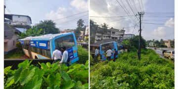 ಪುತ್ತೂರು: ಚಾಲಕನ ನಿಯಂತ್ರಣ ತಪ್ಪಿ ಮನೆಯ ಕಾಂಪೌಂಡ್ ಗೆ ಗುದ್ದಿದ ಬಸ್..!