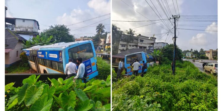 ಪುತ್ತೂರು: ಚಾಲಕನ ನಿಯಂತ್ರಣ ತಪ್ಪಿ ಮನೆಯ ಕಾಂಪೌಂಡ್ ಗೆ ಗುದ್ದಿದ ಬಸ್..!