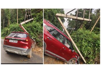 ವಿದ್ಯುತ್ ಕಂಬಕ್ಕೆ ಕಾರು ಡಿಕ್ಕಿ..!
