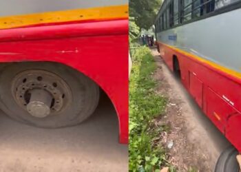 ಚಲಿಸುತ್ತಿದ್ದಾಗಲೇ ಕಳಚಿಬಿದ್ದ ಕೆಎಸ್‌ಆರ್‌ಟಿಸಿ ಬಸ್‌ ಟೈರ್..!